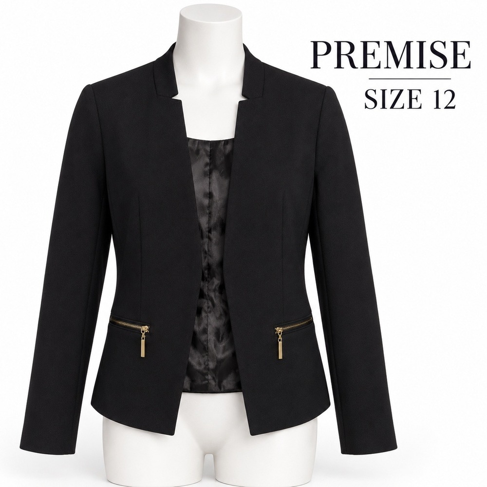 Premise Womens Size 12 Black Open Front Blazer Gold Zip Pockets Career Jacket